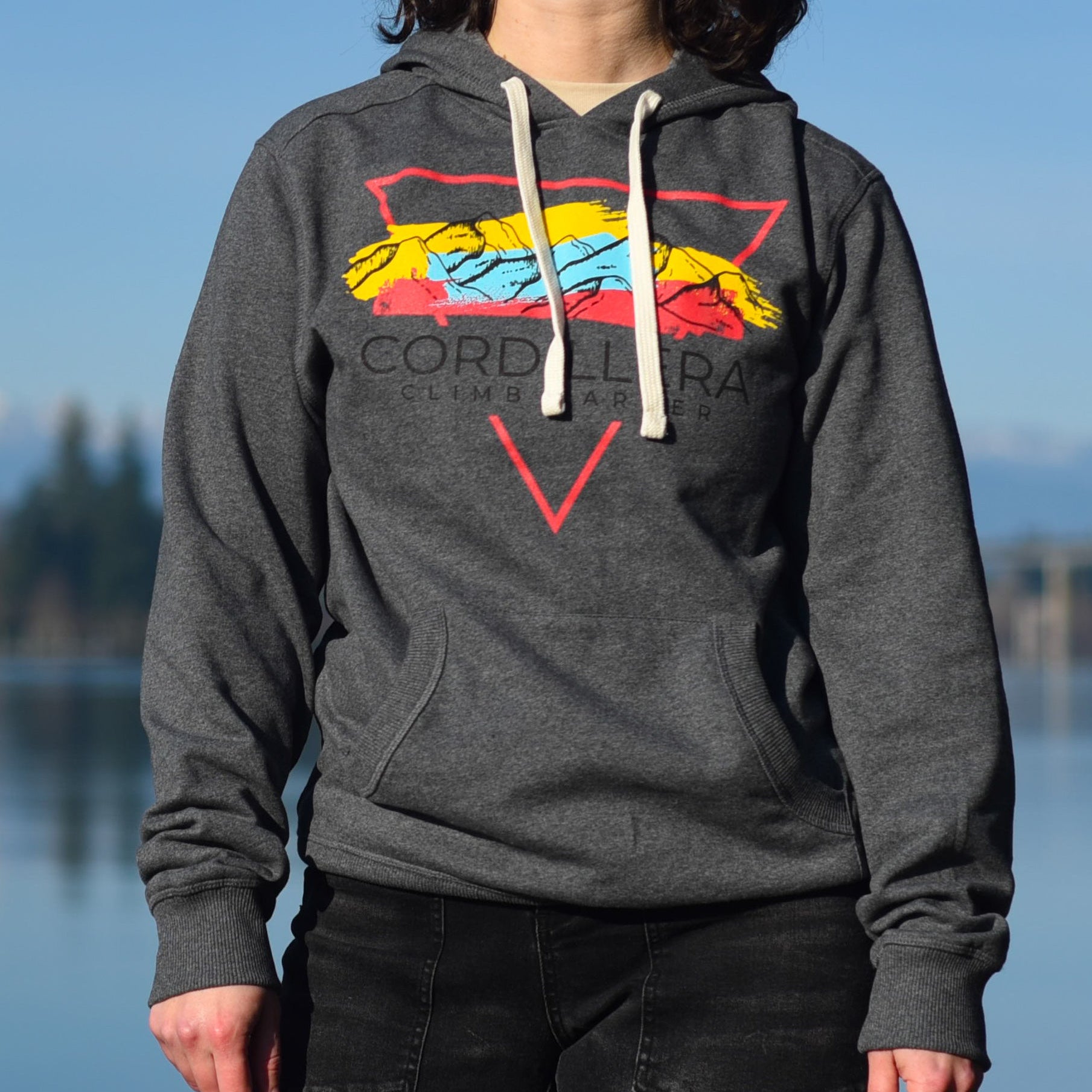 Person wearing a gray hoodie with a colorful logo against a blue sky and water background